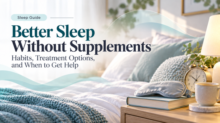 Calm bedroom scene representing better sleep without supplements, with a restful bed, soft lighting, and a wellness-focused atmosphere.
