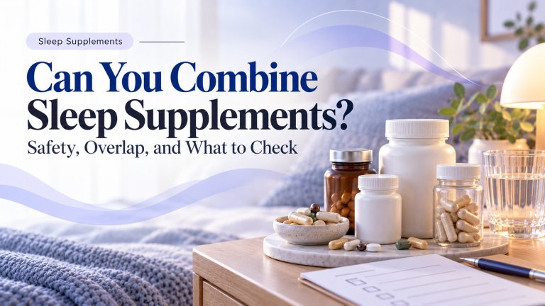 Editorial image showing several sleep supplement bottles, capsules, and a checklist in a calm bedroom setting, illustrating safety and overlap when combining supplements.