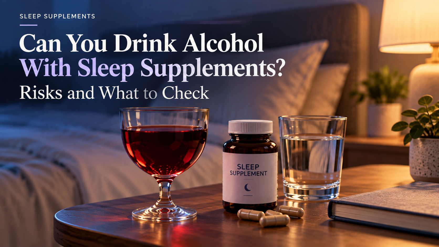 Editorial image showing a glass of alcohol beside sleep supplements and water in a nighttime bedroom setting, illustrating potential interaction risks.