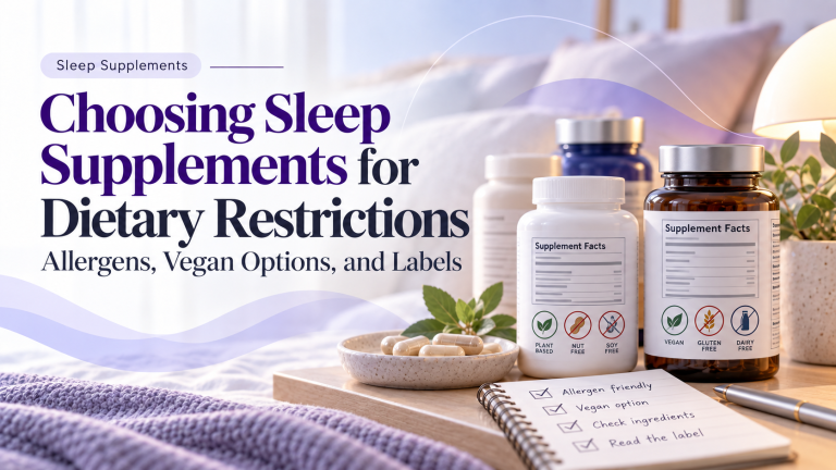 Editorial image showing sleep supplement bottles with dietary labels, capsules, and a checklist for allergens, vegan options, and ingredient review in a calm bedroom setting.