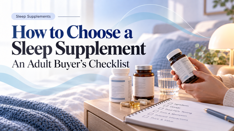 Editorial image showing sleep supplement bottles, a product label, capsules, and a buyer’s checklist in a calm bedroom setting.