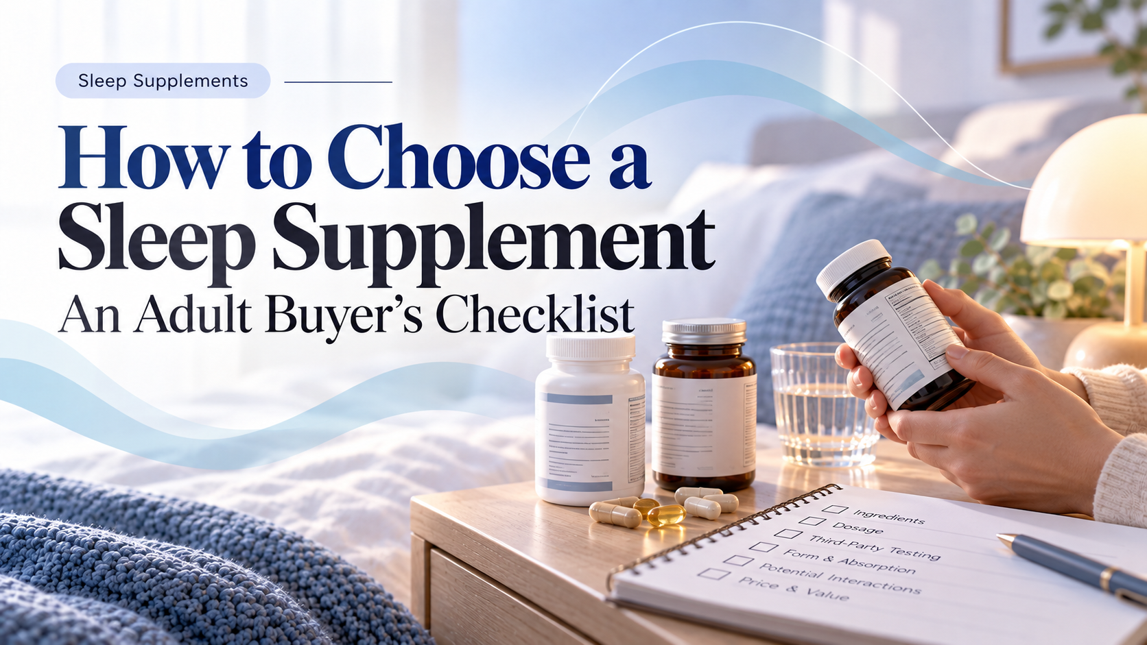 Editorial image showing sleep supplement bottles, a product label, capsules, and a buyer’s checklist in a calm bedroom setting.
