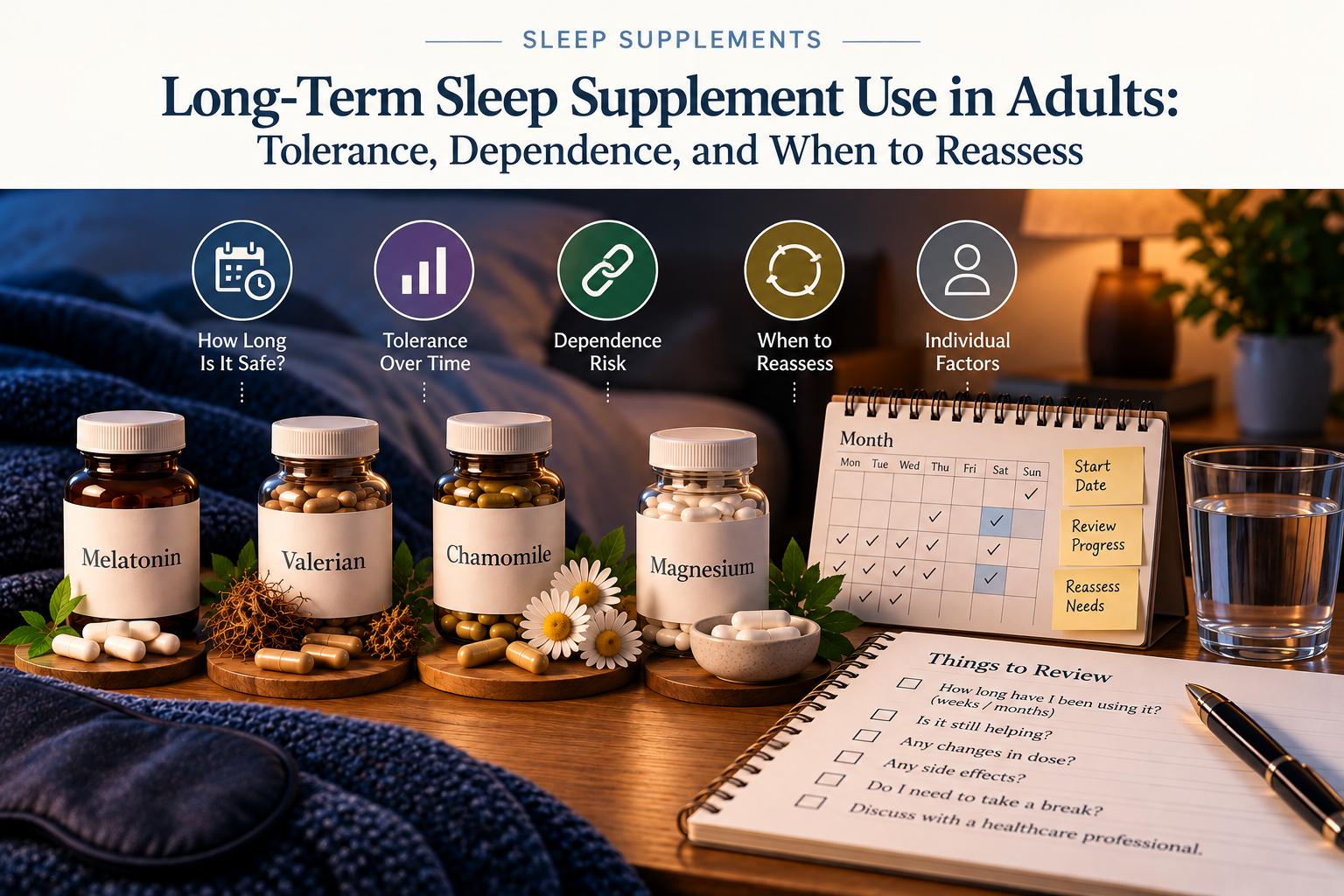 Editorial image showing several sleep supplements, a calendar, water, and a reassessment checklist in a calm bedroom setting, representing long-term use, tolerance, and dependence considerations.