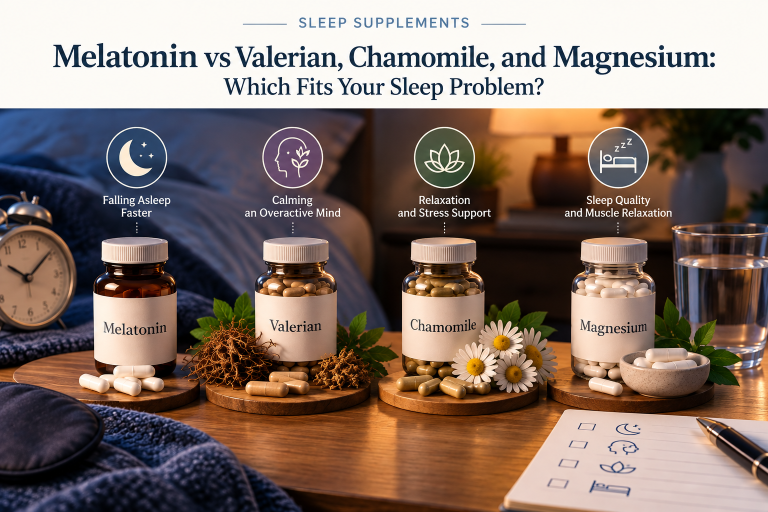 Editorial comparison image showing melatonin, valerian, chamomile, and magnesium supplements in a calm bedroom setting, representing different sleep-support options.
