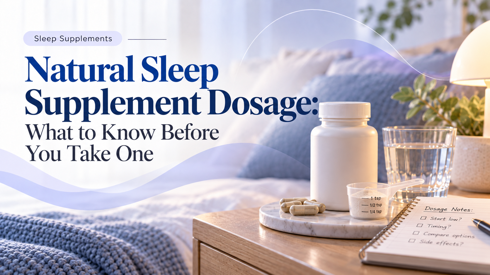 Editorial image showing a sleep supplement bottle, capsules, a measuring spoon, water, and dosage notes in a calm bedroom setting.