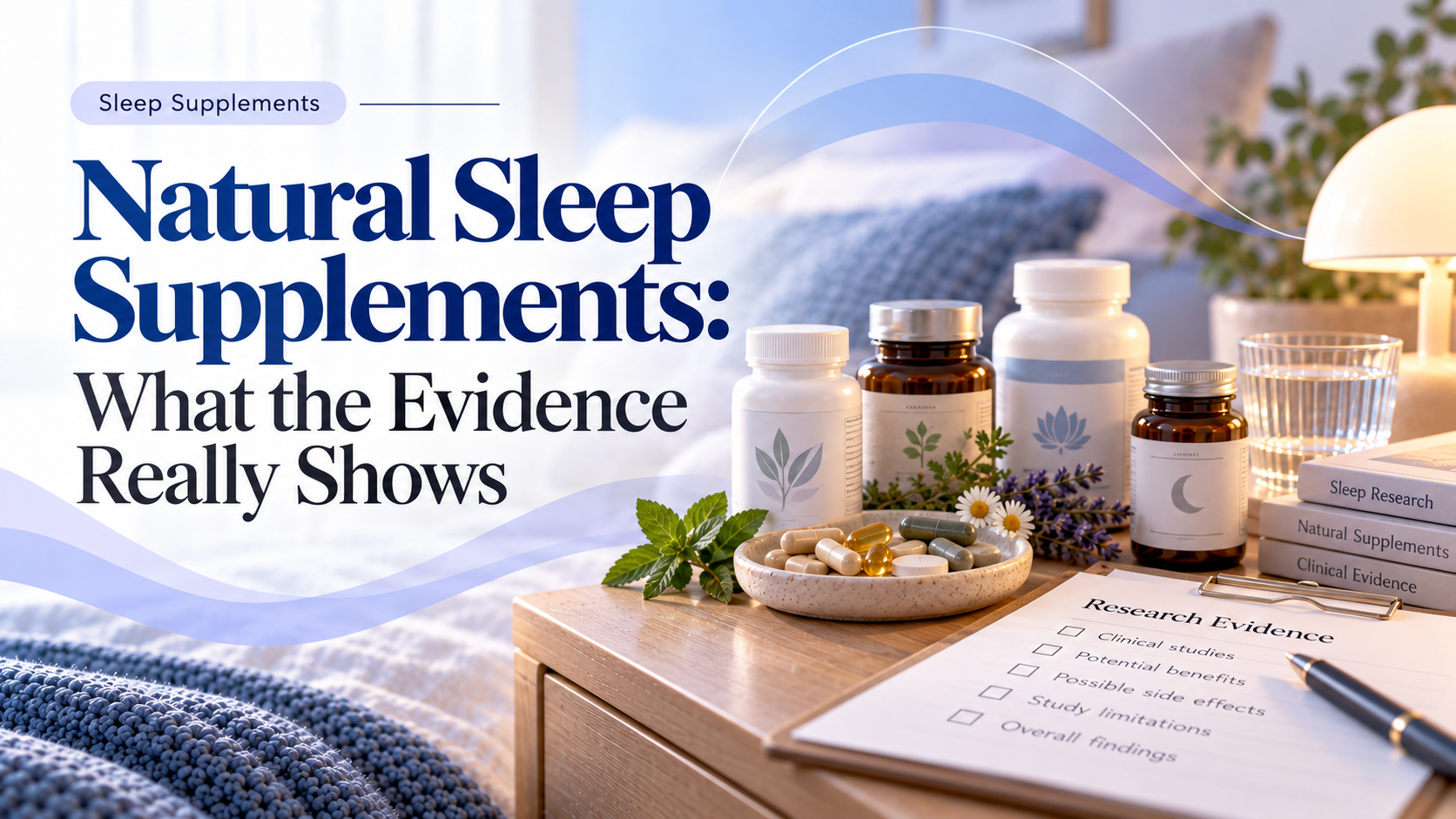 Editorial image showing several natural sleep supplements, herbs, capsules, research notes, and evidence checklists in a calm bedroom setting.