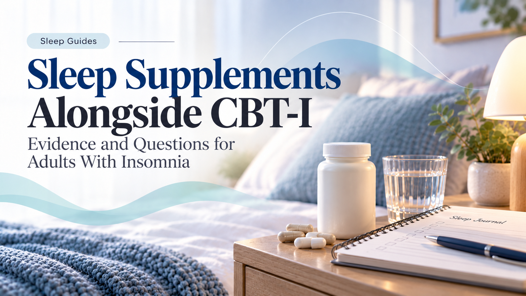 Editorial sleep guide image showing sleep supplements beside a sleep journal and water in a calm bedroom setting, representing supplement use alongside CBT-I.
