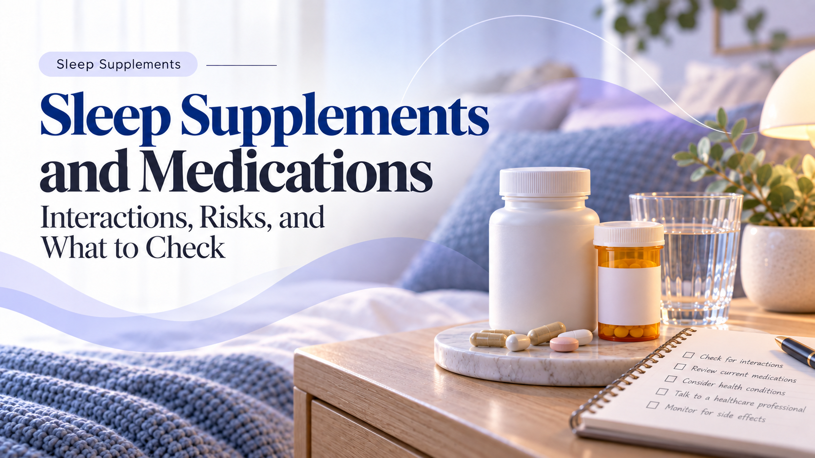 Sleep supplements and medications review image showing a supplement bottle, a generic medicine bottle, capsules, a glass of water, and a checklist in a calm bedroom setting.
