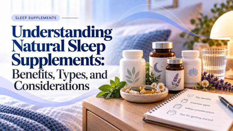 Featured image for Understanding Natural Sleep Supplements: Benefits, Types, and Considerations, showing a calm bedroom scene with general sleep supplement bottles, capsules, and notes in a neutral editorial style.