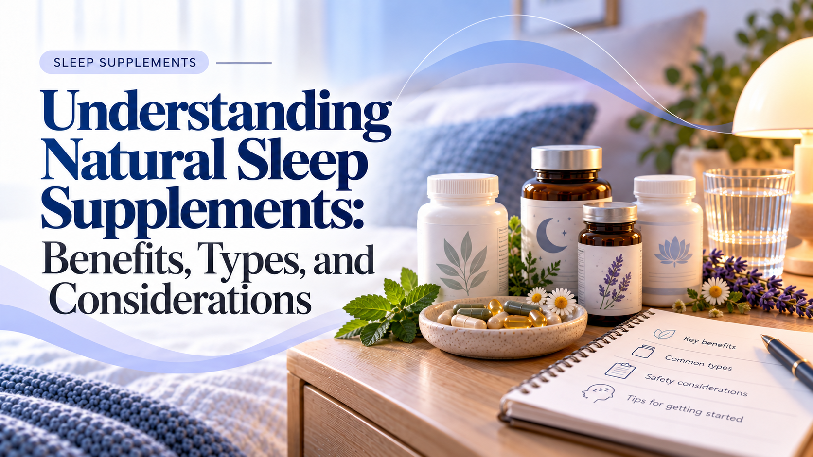 Featured image for Understanding Natural Sleep Supplements: Benefits, Types, and Considerations, showing a calm bedroom scene with general sleep supplement bottles, capsules, and notes in a neutral editorial style.