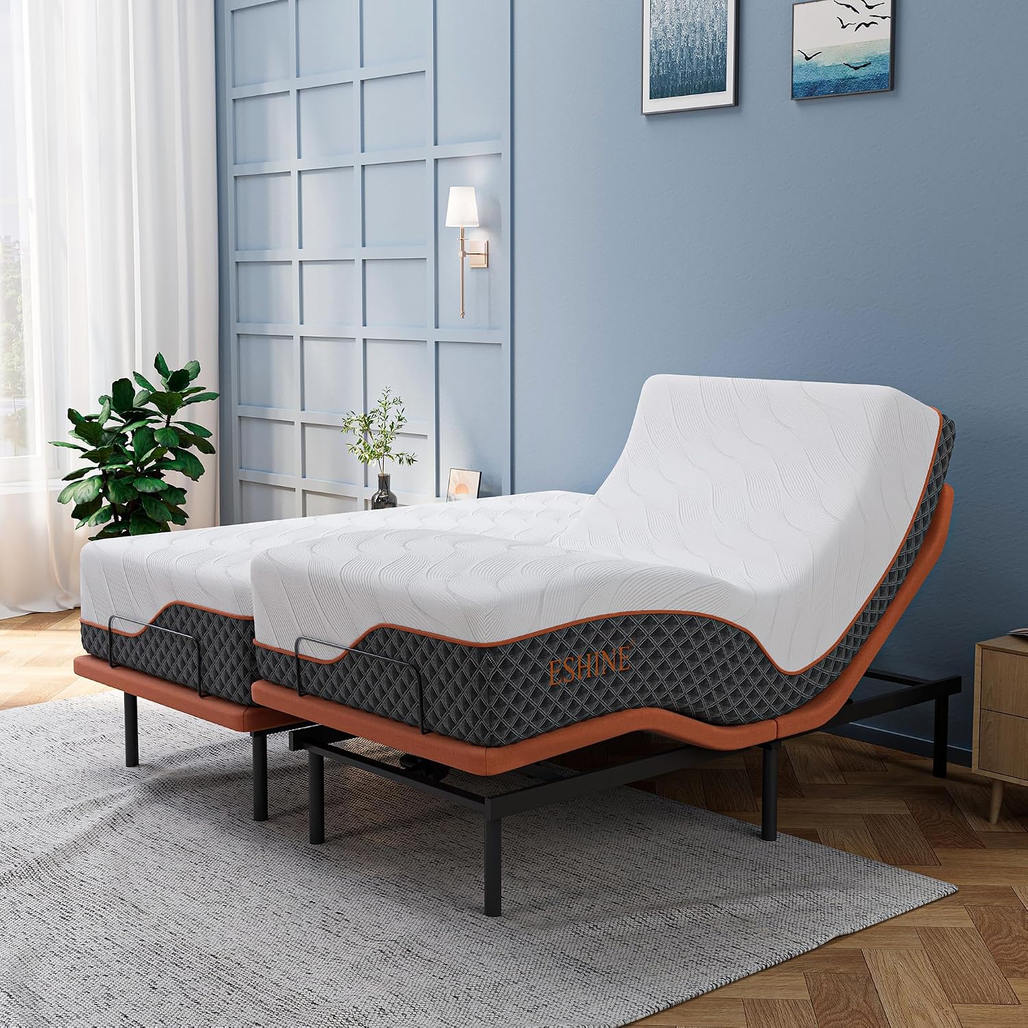 ESHINE E6000 Split King adjustable bed with 14-inch hybrid mattress
