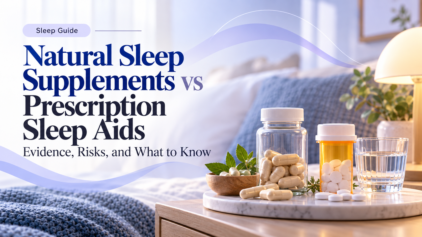 Featured image for an article comparing natural sleep supplements and prescription sleep aids, showing a neutral visual contrast between supplement capsules and prescription medication in a calm bedroom setting.