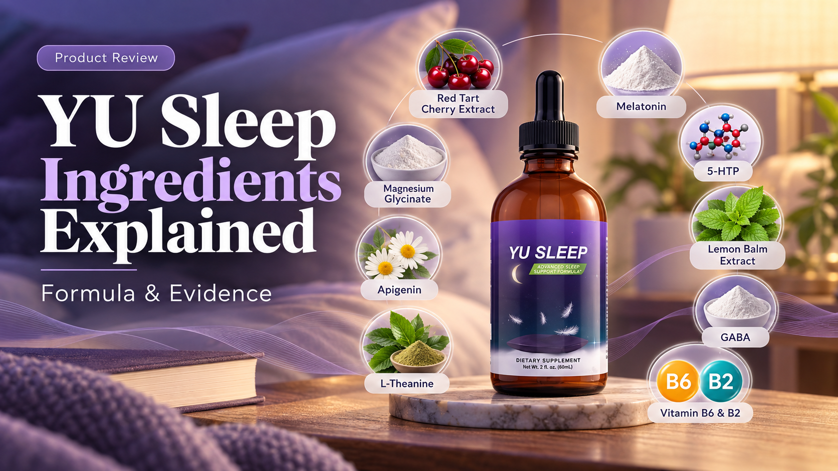 YU Sleep ingredients explained with melatonin, magnesium glycinate, tart cherry, 5-HTP, L-theanine, GABA, lemon balm, apigenin, and vitamins B2 and B6