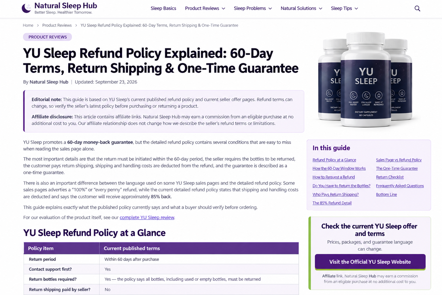 YU Sleep refund policy review covering the 60-day return window, return shipping, refund deductions, and one-time guarantee