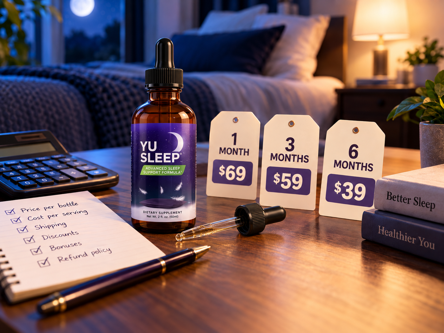YU Sleep liquid dropper bottle with current 1-month, 3-month, and 6-month package prices for a pricing and value comparison